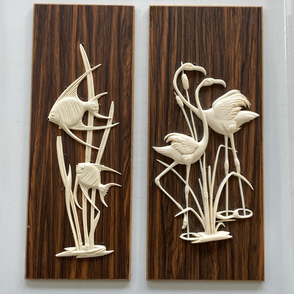 Vintage Carved Bakelite Flamingo - Fish Wood Wall Plaques. Made in West Germany. - Picture 1 of 7